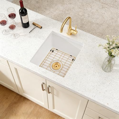 MONSINTA Lavello da cucina bianco da 33 cm, in pietra di quarzo sottopiano, 33 x 38 cm, lavello da cucina composito in granito bianco con gruppo di scarico del lavandino dorato e griglia inferiore del