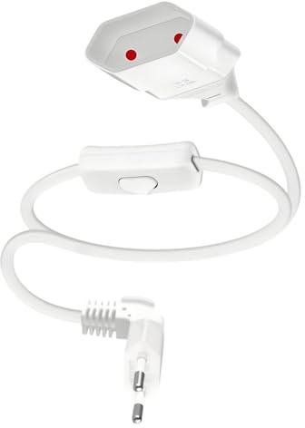 Verlängerungskabel Flachstecker mit Schalter, 2,5A 250V Eurostecker, 2M Kurzes Verlängerung, 90° Eurostecker, Stromkabel Flach 0.75 mm² Typ-C Euro Buchse für PC Computer Monitor TV, Weiß