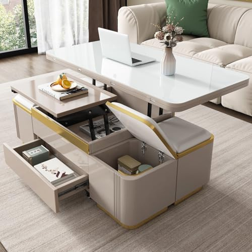 Table Basse Relevable Multifonction 120cm avec 4 Tabourets de Rangement, Plateau Blanc en Laque Brillante, Table Transformable Salon Moderne, Meuble Gain de Place avec Tiroir et Roulettes Pivotantes