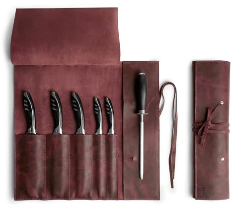 Hide & Drink, Rustic Knife Roll Case (5 pockets), Compact Carry-On Bag for Traveling Chefs & Cooks, Kitchen Tool Storage Organizer, Full Grain Leather, Handmade (Sangria)