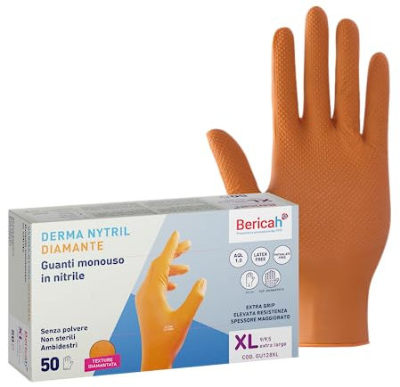 Bericah, Derma Nytril Diamante,Guanti in Nitrile, Senza Polvere, Taglia XL, EXTRA GRIP, SPESSORE MAGGIORATO, Colore Arancione, 50 Pezzi