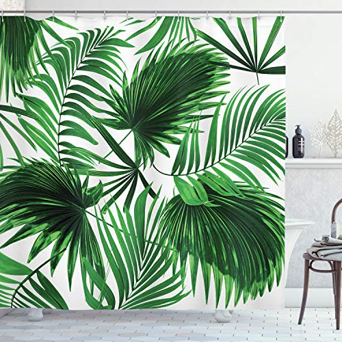 ABAKUHAUS Palmblatt Duschvorhang, Vivid Blätter Wachstum, Stoffliches Gewebe Badezimmerdekorationsset mit Haken, 175 x 200 cm, Farngrün Weiß