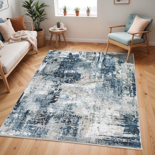 Livabliss Paris Teppich Läufer Modern - Abstrakt Design in Marmor Optik für Wohnzimmer, Esszimmer, Schlafzimmer 80x220 cm - Weicher Kurzflor, Blau, Grau und Beige