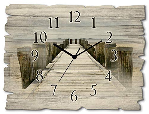 ARTLAND Wanddeko Wanduhr ohne Tickgeräusche aus Holz Quarzuhr 40x30 cm Rechteckig Lautlos Strand Meer Steg Watt Nordsee Maritim Originell T9NK