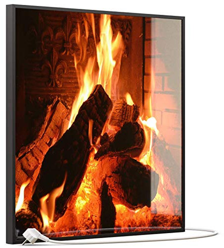 STEINFELD Heizsysteme® Glas Bild Infrarotheizung mit Thermostat | Kamin Feuer | viele Motive 350-1200 Watt Rahmen schwarz (350 Watt, 032 Kamin)
