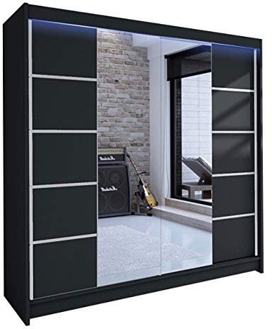Mirjan24 Kleiderschrank Talin V, Schiebetürenschrank, Garderobenschrank mit Kleiderstange und Einlegeboden, Dielenschrank (Schwarz/Schwarz + Spiegel, mit RGB LED Beleuchtung)