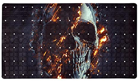 Badewannen-Duschmatte, rutschfest, dunkles Schwarz, Totenkopf-Design, leuchtende Flammen, Badewannenmatten mit Saugnäpfen und Abflusslöchern, weiche Duschmatte, 39,9 x 70,9 cm