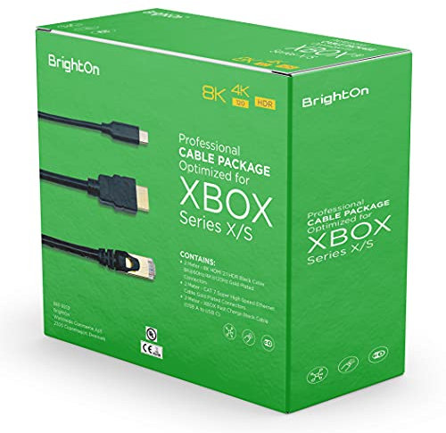 BrightOn - Optimiertes Kabelpaket, kompatibel mit XBOX Series X/S | 8K HDMI 2.1 HDR Schwarz Kabel 8K@60Hz/4K@120Hz | CAT 7 Super-High-Speed-Ethernet-Kabel | Schnellladekabel (USB A auf USB C)