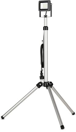 REV Faretto da costruzione con treppiede, 10 W, 900 lm, 6500 K, faretto a LED per cantieri, officina e cantina, IP65, per interni ed esterni, colore: argento