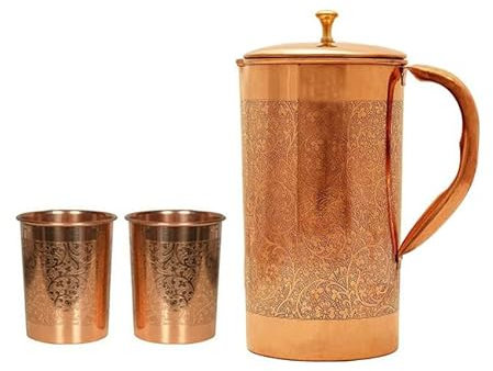 1,5 Liter Kupferkrug mit 2 Glas-Wasserkrug Kupfer für Ayurveda-Heilung, kein Innenfutter, Kupferkrug Gefäß, Ayurveda-Krug für Trinkwasser, Moscow Mule, Cocktail (Design 08)