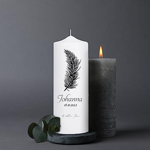 Wandtattoo Loft Trauerkerze personalisiert mit Namen und Datum, Motiv mit schwarzer Feder, 18cm x 7cm, personalisierte Trauerkerze, Kondolenzkerze, Beileidskerze, Trauerlicht, Grabkerze
