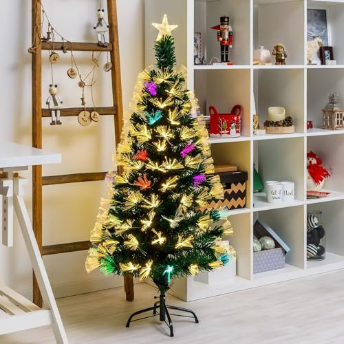 Magie di Natale Árbol de Navidad de fibra óptica blanco cálido y RGB de interior con maceta (130 cm)