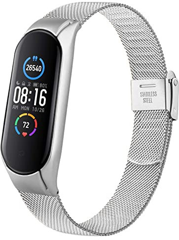 Meliya Bracelet Compatible avec Xiaomi Mi Band 6 / Mi Band 5, Acier Inoxydable en Métal, Bracelet de Remplacement Réglable pour Xiaomi Mi Band 6 / Mi Band 5, Femmes Hommes,Argent