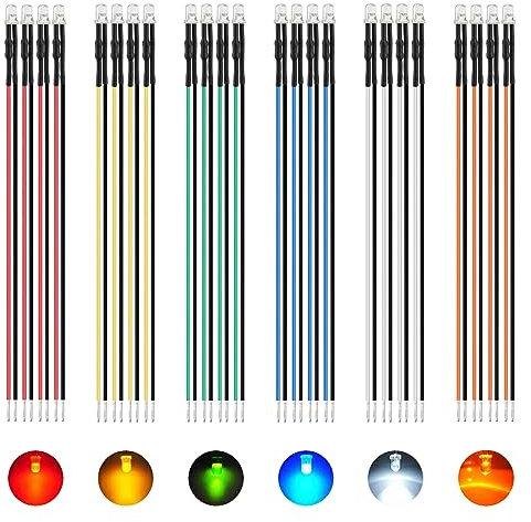 AUKENIEN 60 Stück 3MM 12V Vorverdrahtete Transparent LED Leuchtdioden Sortiment Kit 12 Volt Rundkopf LED Dioden Licht Leuchtdiode Set 6 Farben Weiß Rot Gelb Grün Blau Orange (10 Stück Jede Farbe)