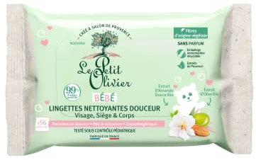 Le Petit Olivier - Lingettes Nettoyantes Douceur - Bébé - Visage,Siège Et Corps - Nettoie Douceur Fibres D'Origine Végétale - 99% D'Origine Naturelle - Testé Sous Contrôle Pédiatrique - x56 56.0 ml