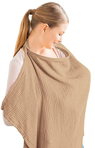 Konssy Musselin-Abdeckung zum Stillen von Babys, atmungsaktiv, 100% Baumwolle, Stillbezug mit starrem Reifen für Mutter, Stillschürze, Mehrzweck-Autositz-Baldachin (camel)