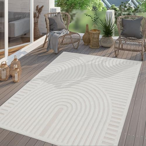 TT Home In-& Outdoor Teppich Wetterfest Balkon Küche Wohnzimmer Boho Skandi Design, Farbe:Hellgrau Creme, Größe:160 cm Rund