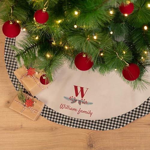 Wanapix | Personalisierter Weihnachtsbaumrock mit Name | Weihnachtsbaum-Teppich | Weihnachten Deko | Panama-Stoff | Rund 90 cm Ø | Weihnachts-Initiale