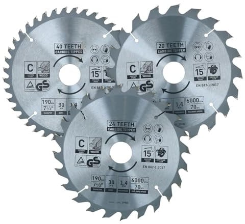 Lot de 3 lames de scie circulaire 190 mm x 30 mm 20 24 40 dents TCT Disque de coupe bois