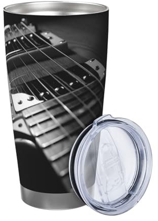 ZaKhs Thermobecher mit E-Gitarren-Aufdruck, 590 ml, mit Deckel und Strohhalm, Kaffeebecher, Edelstahl, Reisebecher für Damen und Herren, Schwarz und Weiß