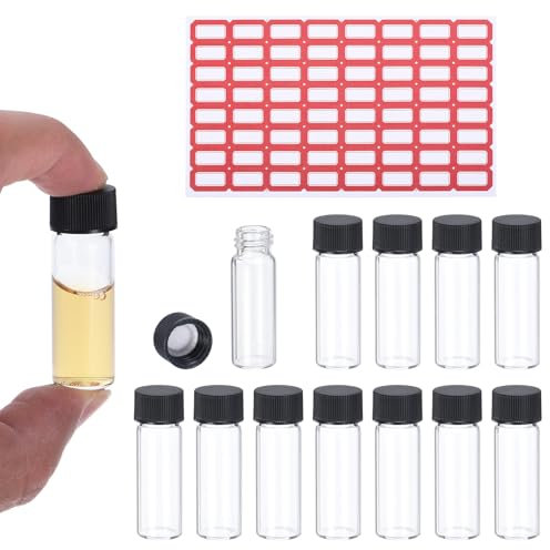 PATIKIL 4ml Clear Glass Vials, 12 Pack Sample Vials with Screw Cap Reagent Media Bottle with Labels Leak-Proof Liquid Sample Glass Vial for Lab Laboratory