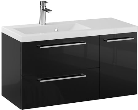 Furni Rosen 90 cm Hängend Waschbecken mit Unterschrank und Eleganten und Chromgriffen Waschbeckenunterschrank Badezimmer Waschtisch mit Unterschrank Waschtischunterschrank