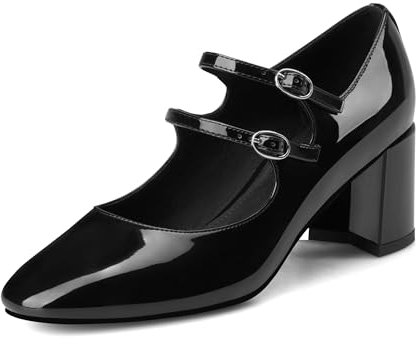 MIRAAZZURRA Damen Pumps Blockabsatz Mary Jane Pump Schuhe Elegant Knöchelriemchen Heel Runde Zehe Lackschuhe mit Schnalle Schwarz 39