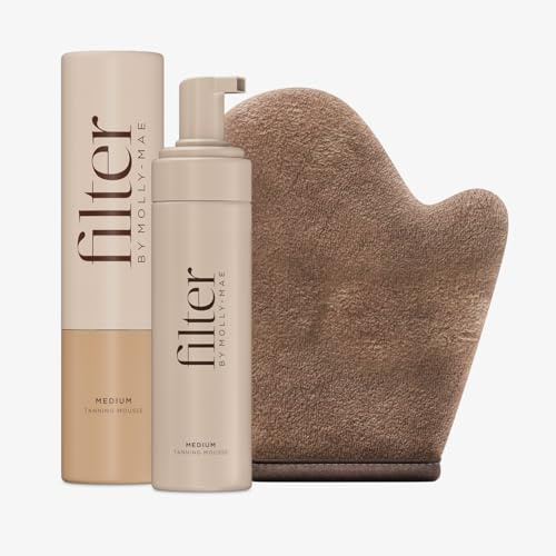 Filter by Molly-Mae Sunkissed Bundle - Medium Mousse & Mitt | Fast Drying Streak Free Fake Tan | Bronzed Glow | Large Double Sided Velvet Tanning Mitt | Face & Body Application