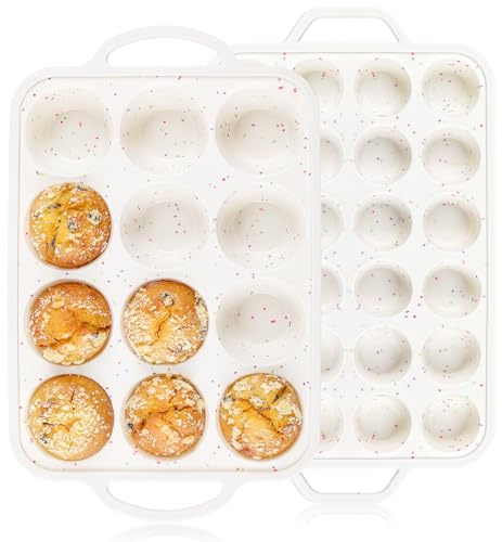 Vinino 2Pack Silicone Muffin Pan for Baking with Metal Reinforced Frame, Regular 12 Cup and Mini 24 Cup Nonstick Cupcake Pan Set, BPA Free Silicone Muffin Tray Molds for Oven Dishwasher Safe