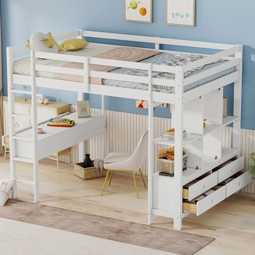 Kebnor Hochbett,Holzbett Kinderhochbett mit Stauraumschubladen,Lattenrost und Unterbettschreibtisch für Jungen und Mädchen (Weiß, 140 * 200cm)