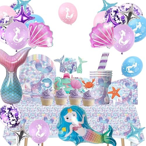 Aszaui 120 Pièces Décorations Anniversaire Sirene,Ensemble de Vaisselle de Fête Sirène Anniversaire pour Fille,Assiettes Papier,Tasses,Serviettes, Nappe, Ballons Sirène Décoration,pour 20 Invités