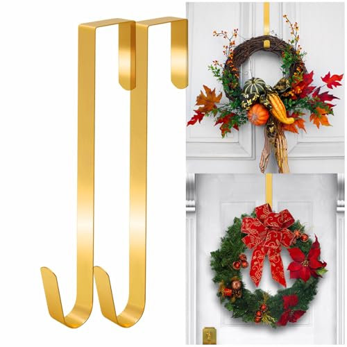 GJV 2er Pack Xmas Wreath Hangers for Front Door, Festival Wreath Hanger Door Wreath Hook Over, Door Wreath Garland Hanger Metal Wreath Holder Door Hanger Hook for Christmas Decorations (Gold, 38cm)