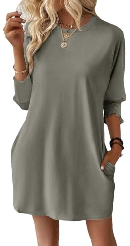Dokotoo Womens Dresses Summer 2025 Fashion 3/4 Sleeve Elastic Smocked Crewneck with Pockets Solid Color Spring Casual Women's Mini Dress Gray 2XL
