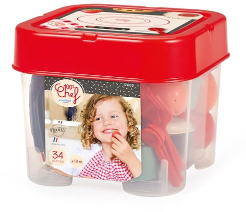 Ecoiffier - Coffret dinette 34 pièces pour Enfant - Jeu d’Imitation Cuisine avec Aliments, Vaisselle et Accessoires - Rangement Facile - Dès 18 Mois - 12603