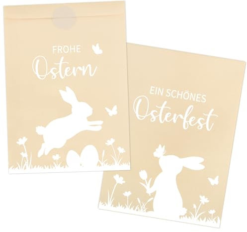 BETESSIN 50 Stück Geschenktüten Ostern - 18x13cm Ostertüten zum Befüllen - Frohe Ostern Tüten mit Hasen Motiven & Aufklebern - Papiertüten für Kleine Ostergeschenke - Alternatives Osternest