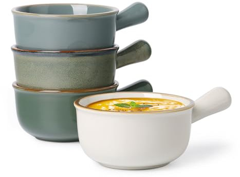 MONITO 16 Oz French Onion Soup Bowls, Ceramic Soup Bowls with Handles, Stackable Soup Crocks Oven Safe for Chili, Beef Stew, Cereal,Casseroles Microwave & Dishwasher Safe, Set of 4