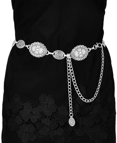 MILAKOO Western Metall Concho Gürtel für Frauen Oval Cowgirl Kette Gürtel Einstellbar Boho Taille Kette Land Konzert Outfit für Kleid Tasche Dekor
