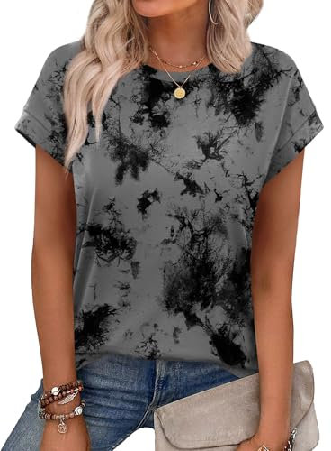 Aokosor Womens Summer Tops Floral Printed Short Capsleeve Shirts Crew Neck Casual Short Sleeve Grey Dyeing Tops Size 10-12 for UK