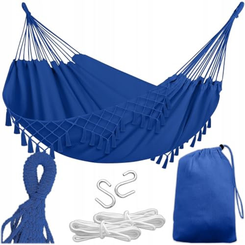 KRUMAD Hängematte Outdoor Boho-Stil 190x150 cm, Blau, 120 kg Belastbarkeit, Mit Fransen, Aufbewahrungstasche & 2 Seilen, Baumwolle-Polyester, Für Garten, Balkon, Terrasse, Outdoor & Indoor