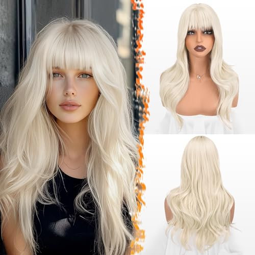 BARSDAR Platinblond Layered Perücke mit Pony, 50cm Blond Perücke mit Bangs für Frauen Natürliches Aussehen Weiche Gewellte Synthetische Glattes Perücken Haarschnitt Fringe Tägliche Party Halloween