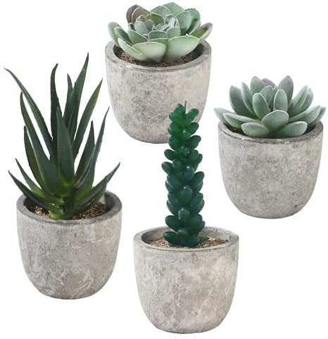 BUCOMTU 4 Plantas Artificiales Decorativas, Plantas Artificiales,suculentas Artificiales con macetas Grises, Ideales para Decorar Bodas, oficinas, Salas de Estar y baños (Verde)