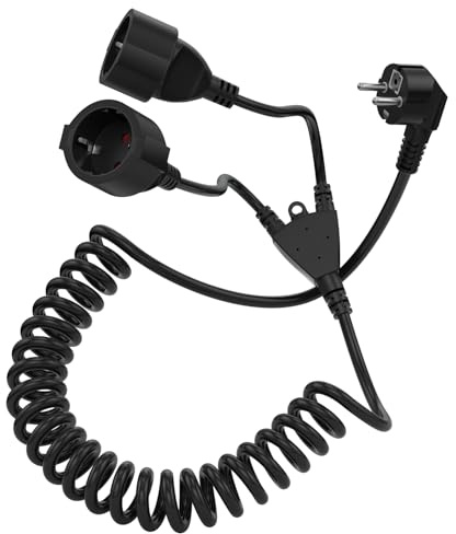 Doppelstecker für Steckdose Spiralkabel 1.5M,Verlängerungskabel Mehrfachstecker Steckdosenverteiler für Küche Büro Haushalt(AC-2 Plug-TH-DE-Black)