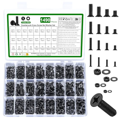 1490 Pcs M2 M3 M4 M5 Screws and Nuts Set, Countersunk Bolts and Nuts Assortment, Black Phillips Flat Head Machine Screws with Washers Set(M2 M3 M4 M5 Screw Kit, Black)