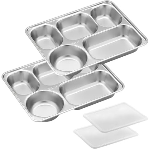 Rylae 2 Stück 304 Edelstahl Geteilte Teller Tablett, Rechteckige 5 Fächern Abendessen Teller, Edelstahl Servierplatte Kontrollteller mit Kunststoffdeckel, Geteiltes Tablett Lunchboxen, für Alltag