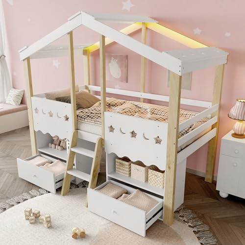 EINHOM Halbhohes Bett 90x200 cm, Kinderbett mit LED-Lichtleiste, Hausform Hochbett mit 2 Schubladen & Leiter, Weiß + Natur (Ohne Matratze)
