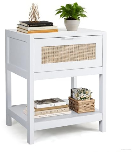 FUNBERRY Small White Bedside Table, Modern Rattan Side Table with Metal Handle, Nightstand with Drawers for Bedroom & Living Room(19.7x15.7x23.6 inches