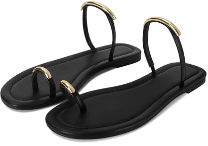 SOVANYOU Black Strappy Sandals for Women Toe Ring Slides Dressy Womens Summer Casual Toe Loop Flat Sandals