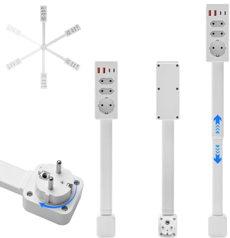 Ciabatta multipresa estensibile, rettangolare (45-70 cm), ciabatta girevole, 1 USB A, 1 USB C e 3 prese a 3 prese, girevole a 360°, presa estensibile