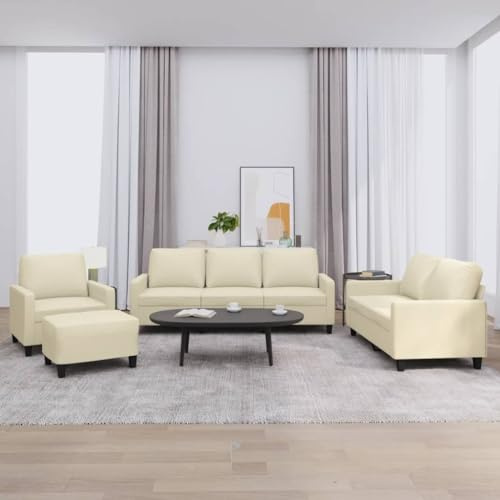 HETFTJN 4-TLG. Sofagarnitur Creme Kunstleder 198 cm Ecksofa mit Hocker Modernes Design Robustes Sperrholz-Metall-Gestell Bequemes Wohnzimmer Couch Set für Living Room Bedroom Gästezimmer