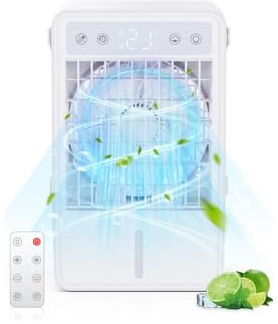 Aire Acondicionado Portatil con 1.5L, Mini Enfriador de Aire con 5 Velocidades, 3 Modos de Neblina, USB & Temporizador 10H, Mando a Distancia y Luz RGB, para Dormitorios, Oficinas y Espacios Reducidos